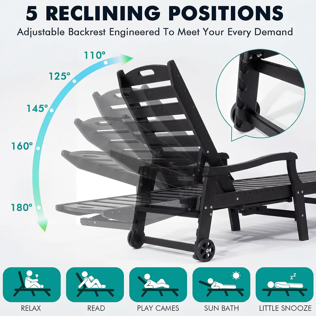 Oversized Outdoor Chaise Lounge Chair with Cup Holder | 79" HDPE Patio Lounger with Wheels 5-Position Adjustable