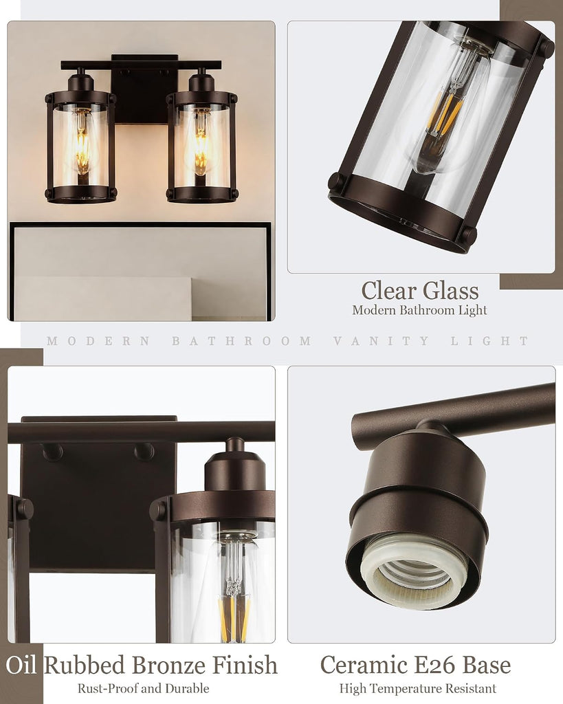 2-Light Oil Rubbed Bronze Bathroom Light Fixtures, 13.8 Inch Modern Bathroom Vanity Lighting Fixtures Over Mirror
