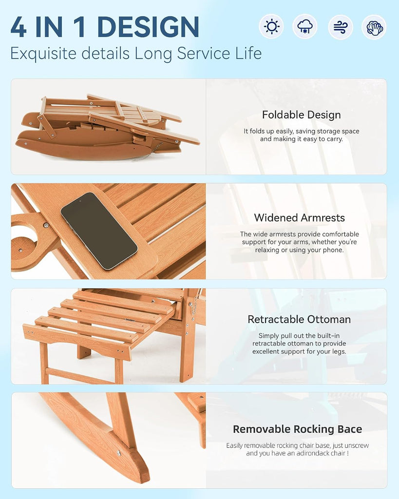 Adjustable Adirondack Rocking Chair with Retractable Ottoman, 4-in-1 Multifunctional Folding Patio Chair with Cup