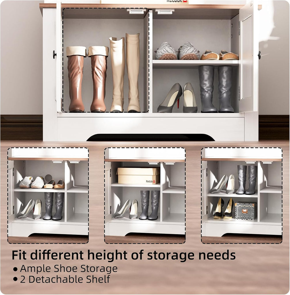 Hall Tree with Shoe Rack, 5-in-1 Farmhouse Coat Rack with Shoe Bench, Standing Shoe Storage with 3 Hooks for Front