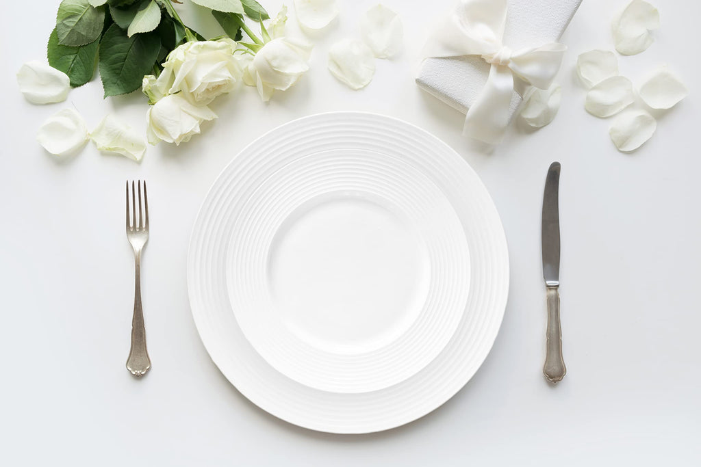 Bone China 16 Piece Dinnerware Dish Set, Service for 4, White Embossed Circle, Microwave Safe, Translucent, Elegant