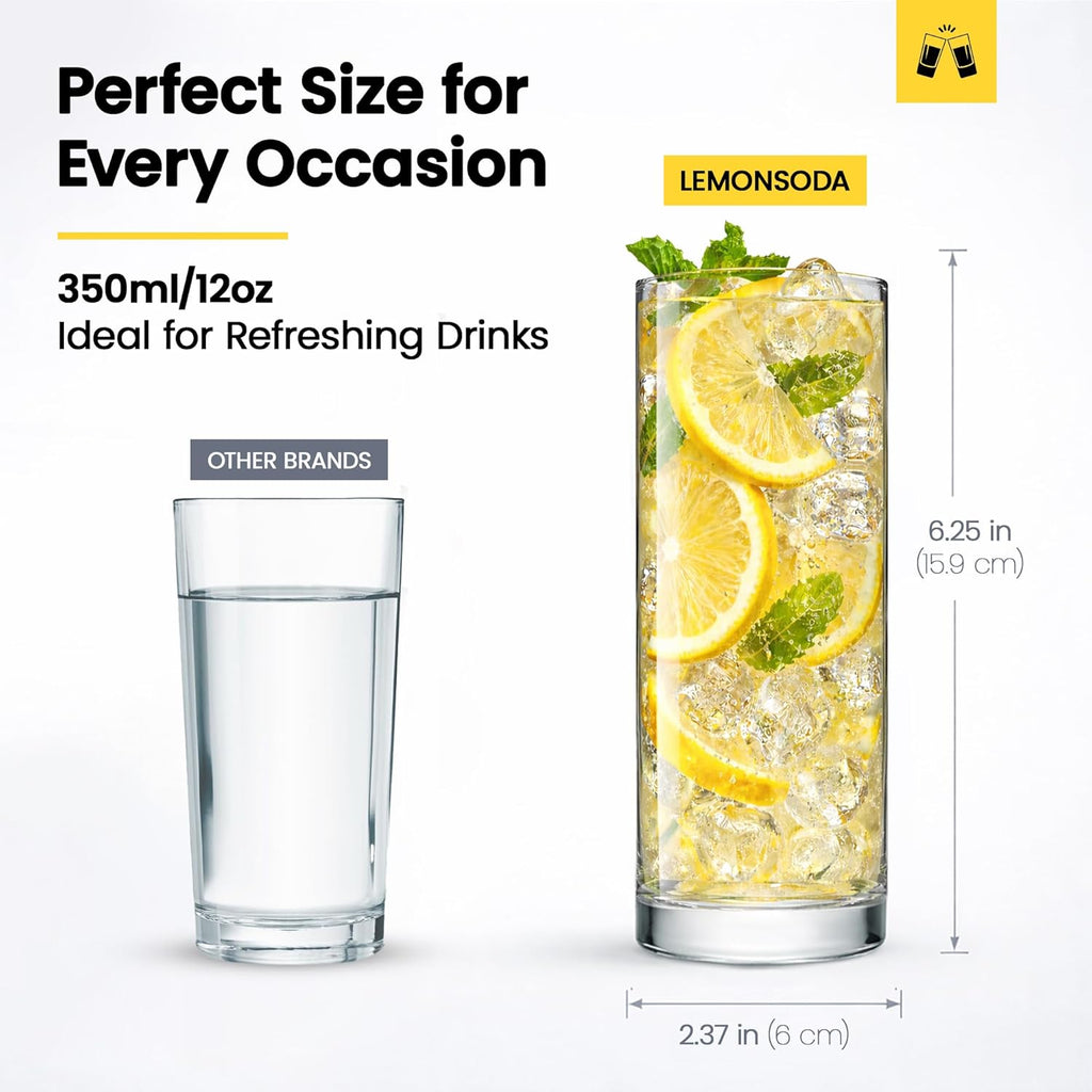 Premium Highball Glass Set | Tom Collins Glasses 12oz Set of 6 | Lead-Free Glass with Heavy Base | Dishwasher Safe