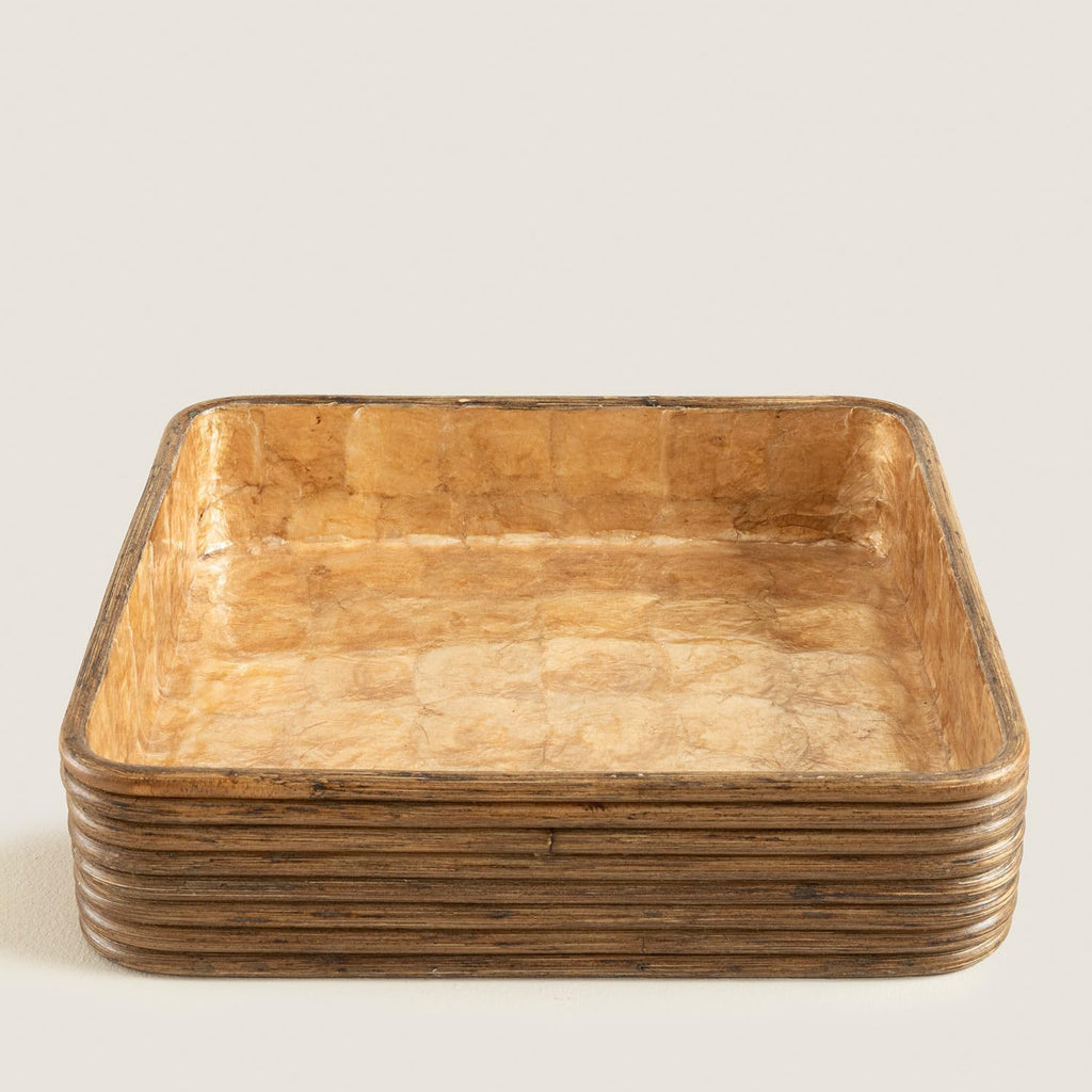 Innoq Square Decorative Ottoman Tray - 12 Inch Gold Capiz Shell & Rattan Serving Piece for Coffee Table Tray
