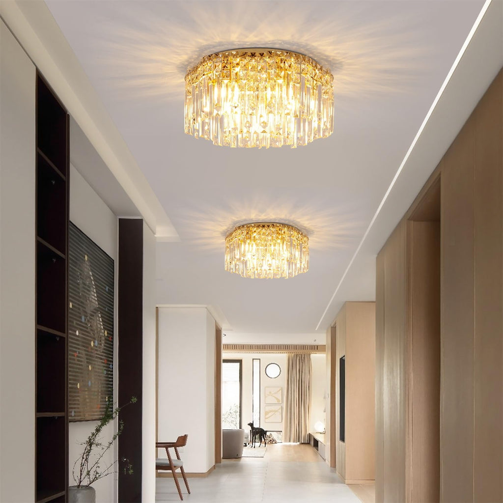 Flush Mount Crystal Chandelier, 18 inch Modern Crystal Ceiling Lights with Warm White Light Bulb (2700K), Flush Mount