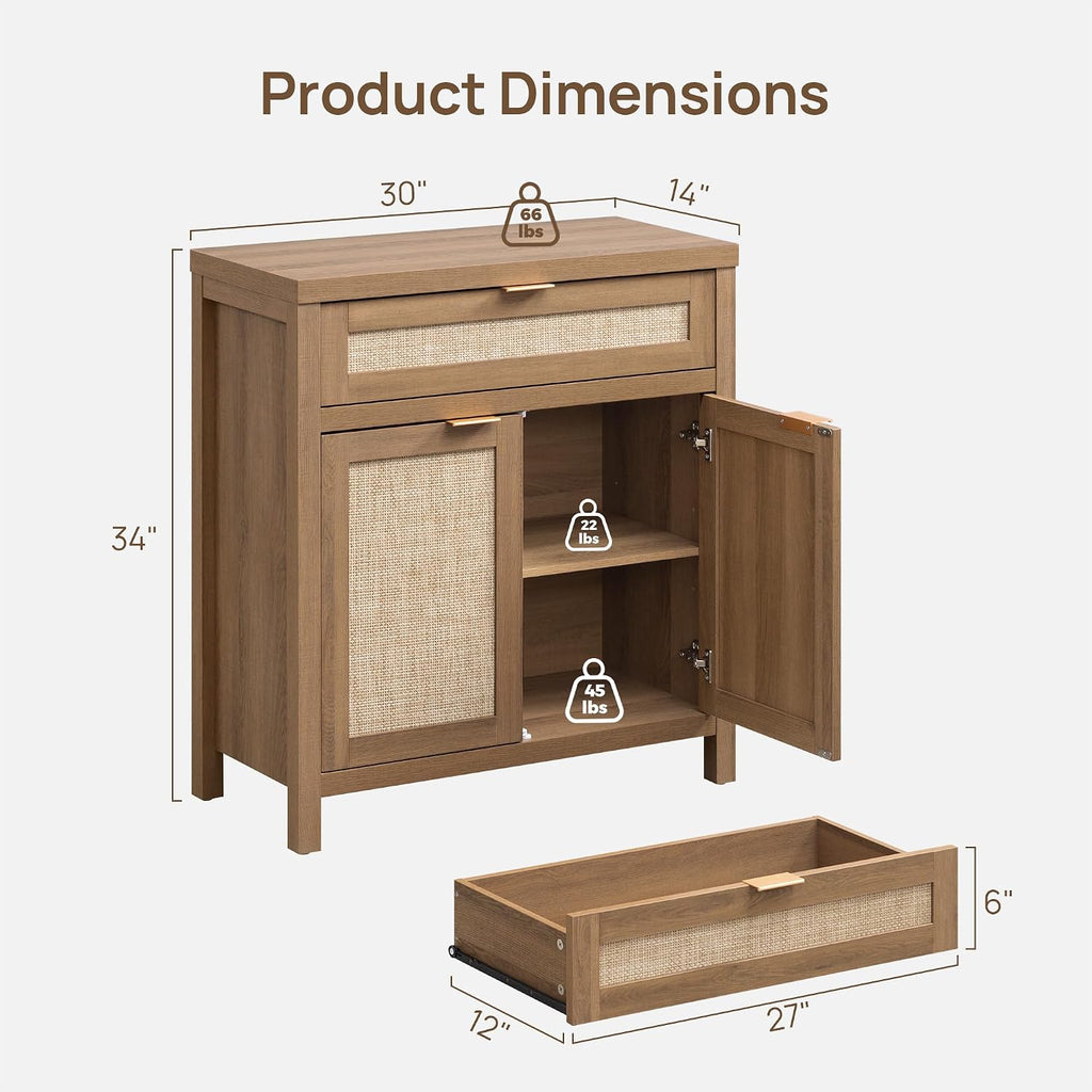 Buffet Cabinet Sideboard with Storage, Rattan Accent Cabinet | 2 Doors, a Drawer, Boho Credenzas Farmhouse Buffet