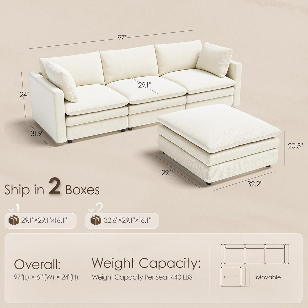 97" Cloud Couches , 29.1" Deep Seat Modular Sectional Sofa, L Shaped Cloud Sofa with One Movable Ottoman