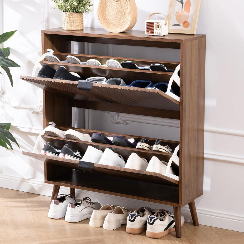 Shoe Cabinet Storage, Farmhouse Freestanding Organizer with 2 Flip Drawers and 4 Wooden feet, Narrow Shoe Rack