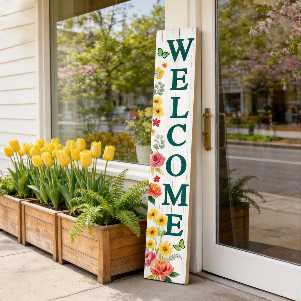 Welcome Sign for Front Door, Spring Flower 47"X8" White