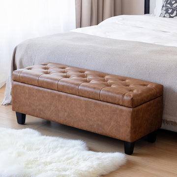 42" Faux Leather Storage Ottoman Bench, End of Bed Storage Bench | Faux Leather, Solid Wood Leg, Safety Hinge, Modern