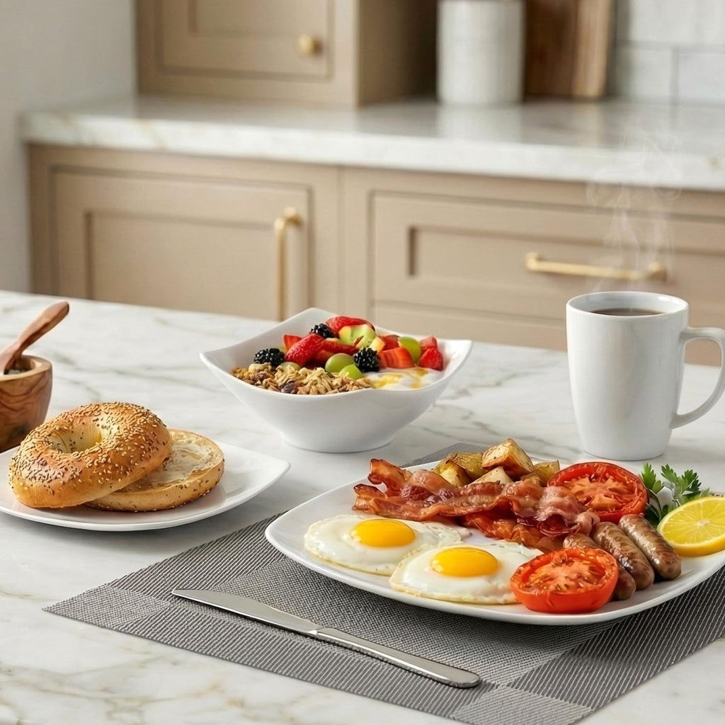 Luna Plates and Bowls Sets, 16 Piece Modern Porcelain Dish Set for 4, Chip and Scratch Resistant Square Dinnerware Set