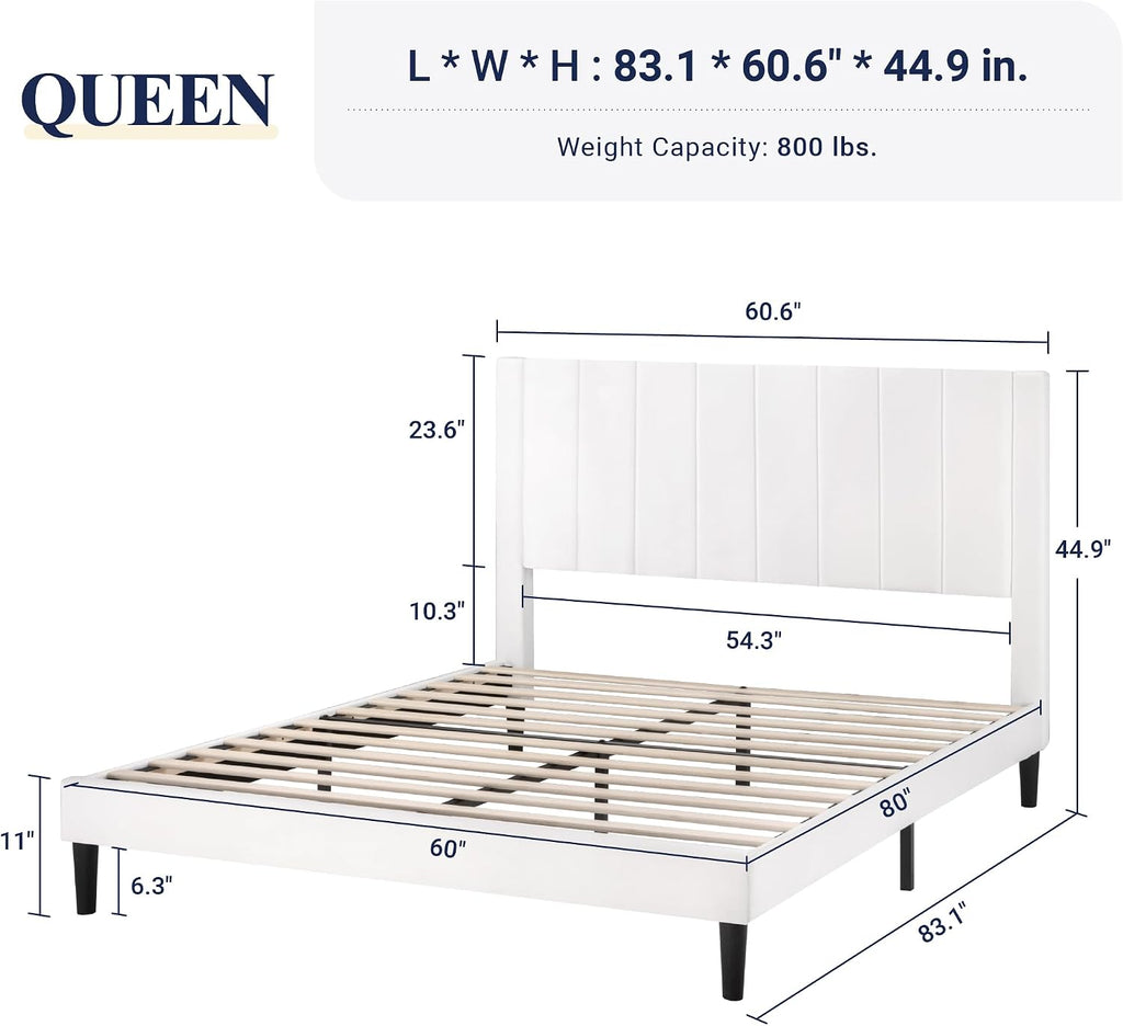 Queen Bed Frame/Velvet Upholstered Bed Frame with Vertical Channel Tufted Headboard/Strong Wooden Slats/Platform Bed