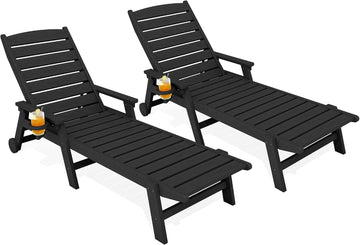 HDPE Lounge Chair Outdoor Set of 2, All Weather Pool Lounger | 5 Position Adjustable Backrest Patio Chaise Lounge