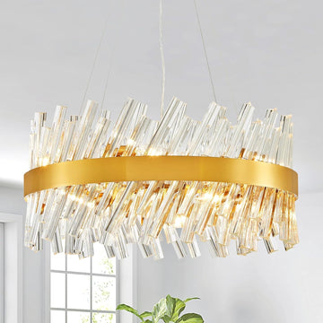 Modern Chandeliers for Dining Room, 8-Light Hanging Pendant Lighting Fixture for Living Room, Kitchen Island, Clear Glass Tube with Gold Frame, D19xW19xH19