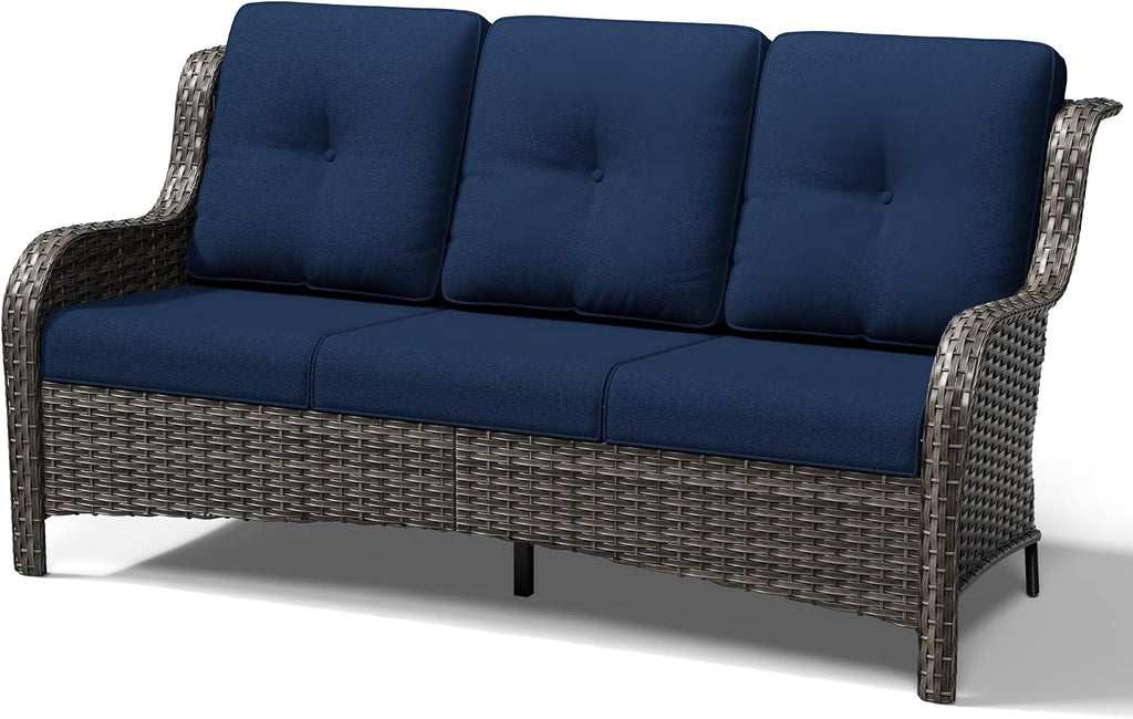 Outdoor Patio Couch, 3 Seater Outdoor Wicker Sofa with High Back, Deep Seating, Wide Armrest, Thickened Cushions