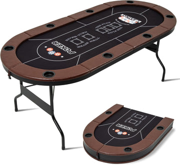 8 Player Folding Poker Tables, Texas Holdem Table with Padded Rails & Cup Holders, Foldable Casino Poker Table, Oval