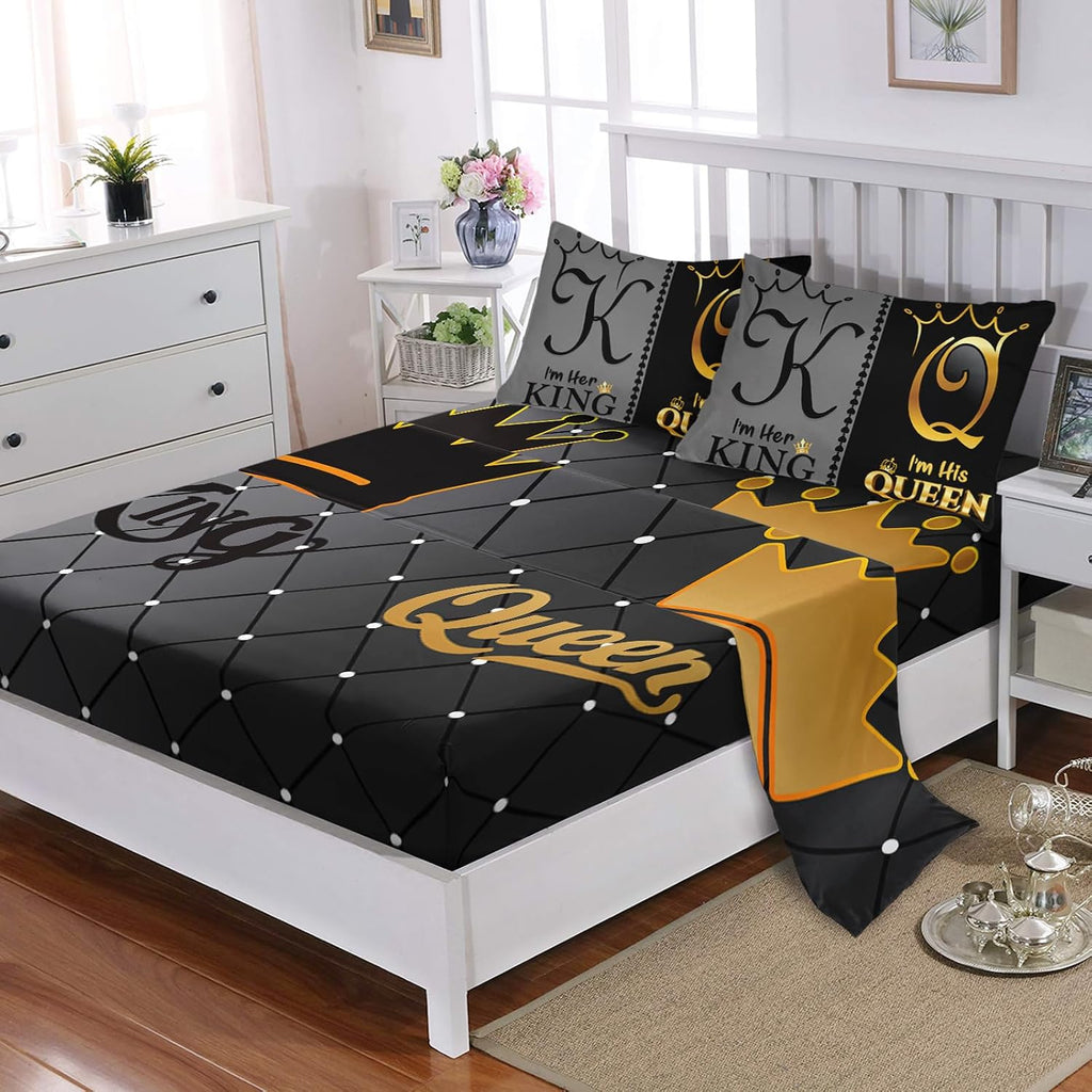 Grey and Black Comforter Set Full IZE,7-Piece K and Q Printed Crown Couple Bed in a Bag,His Her Lover Comforter & - Set of 7