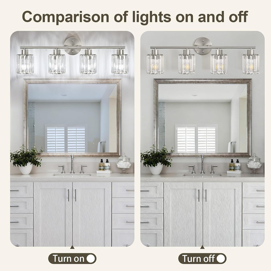 Modern Brushed Nickel Crystal Bathroom Light Fixtures,4-Light | Bathroom Lighting Fixtures over Mirror,Vanity Lights