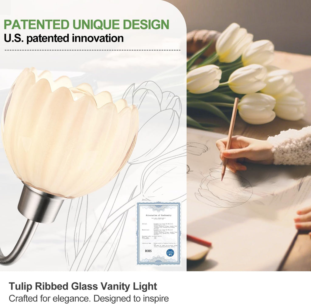 Bathroom Light Fixtures, 3-Light Brushed Nickel Bathroom Vanity Light Over Mirror with White Tulip Glass Shades