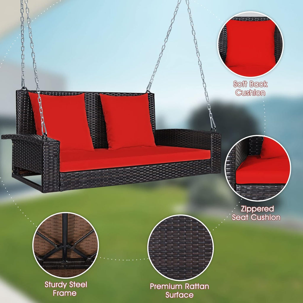 2-Person Wicker Porch Swing, Patiojoy Outdoor Rattan Hanging Swing Bench W/ 2 Back Cushions & 1 Seat Cushion, Sturdy