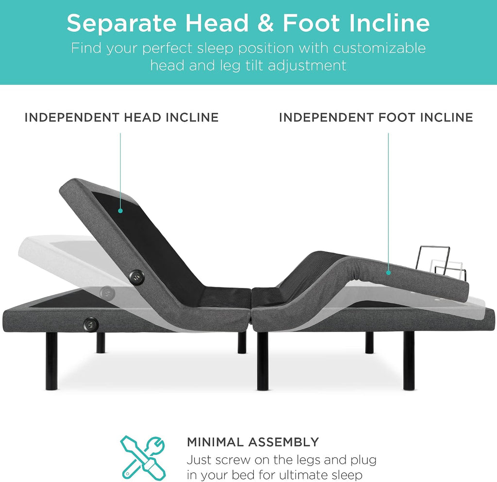 Ergonomic Split King Size Adjustable Bed Frame, Electric Base w/Wireless Remote Control, Nightlight, Massager, 2 USB