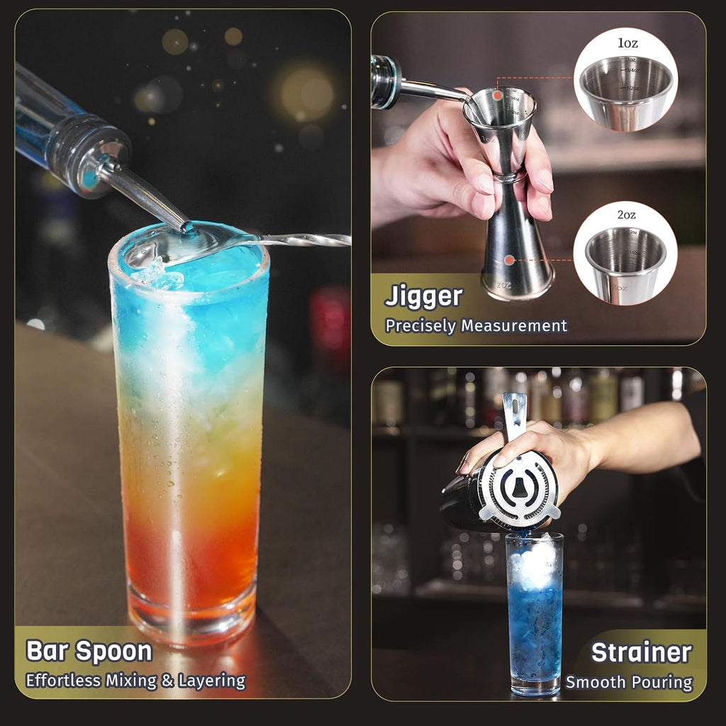 Boston Cocktail Shaker Set, 4-Piece Bar Tools Set, Professional Bar Set with Boston Shaker, Bar Spoon, Jigger - Set of 4