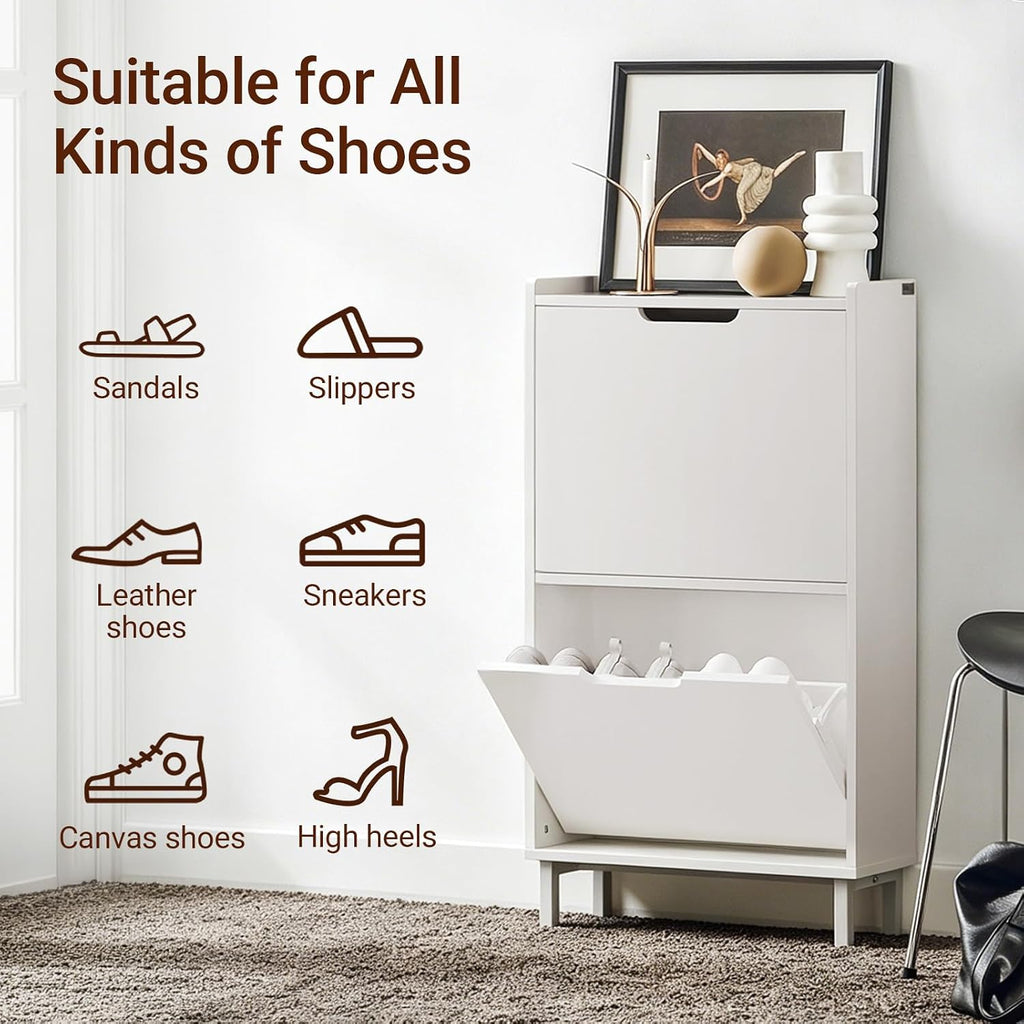 Slim Shoe Cabinet Entryway, Hidden Shoe Storage with Two Flip Drawers to Save Space, Freestanding Shoe Rack for Front