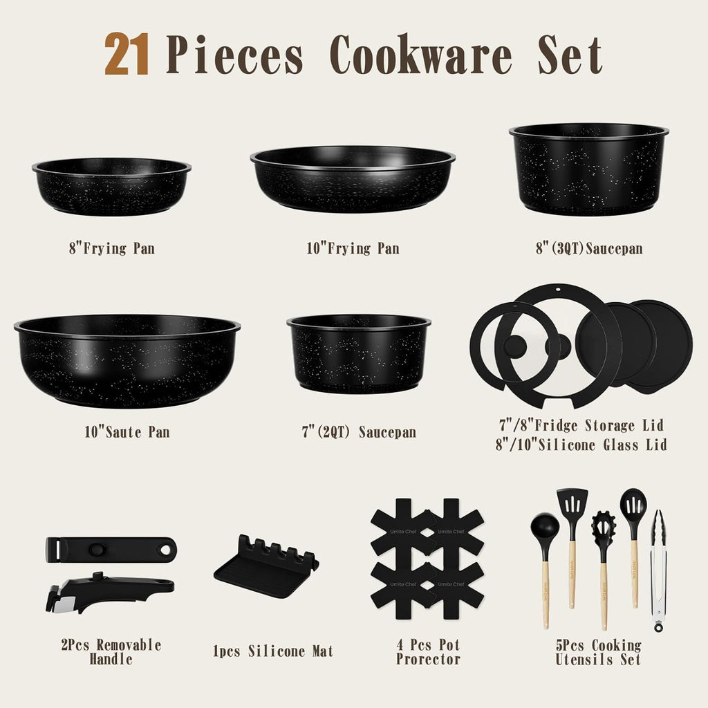 21Pcs Pots and Pans Set Non Stick, Nonstick Ceramic Cookware Sets Detachable Handle, Non Toxic Healthy Induction