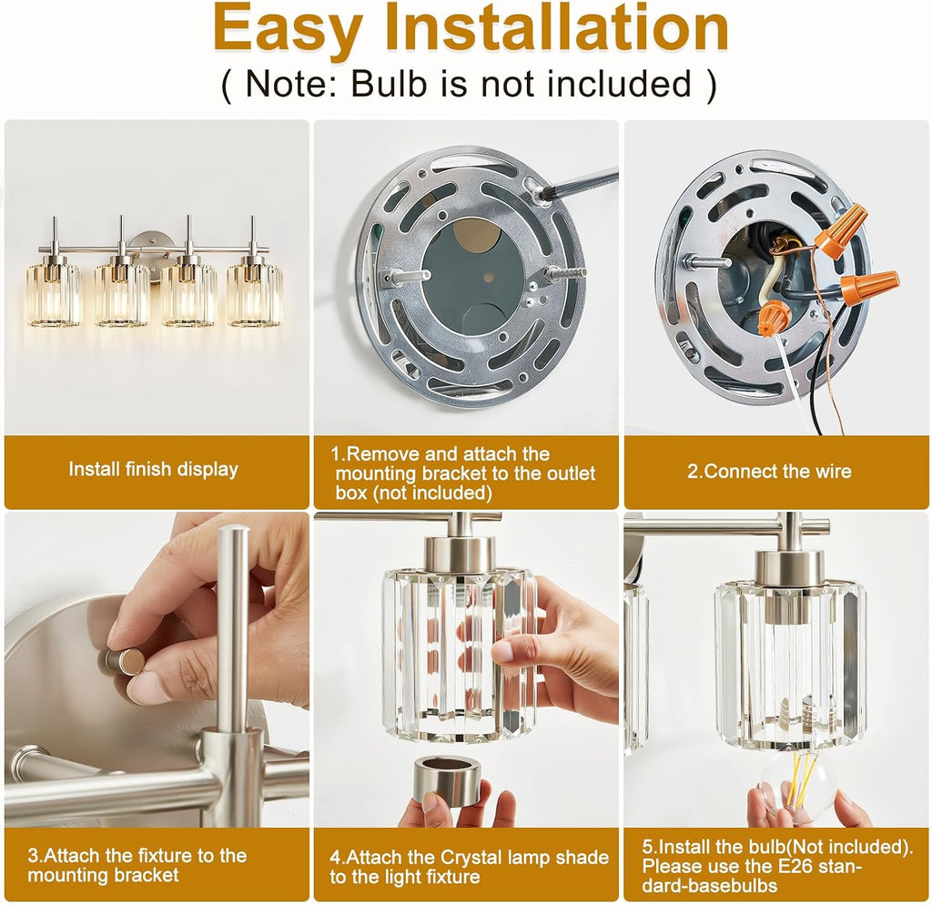 Crystal Bathroom Vanity Lights, 4 Light Bath Mirror Light Brushed Nickel Round Crystal Wall Mount Light Fixture Over