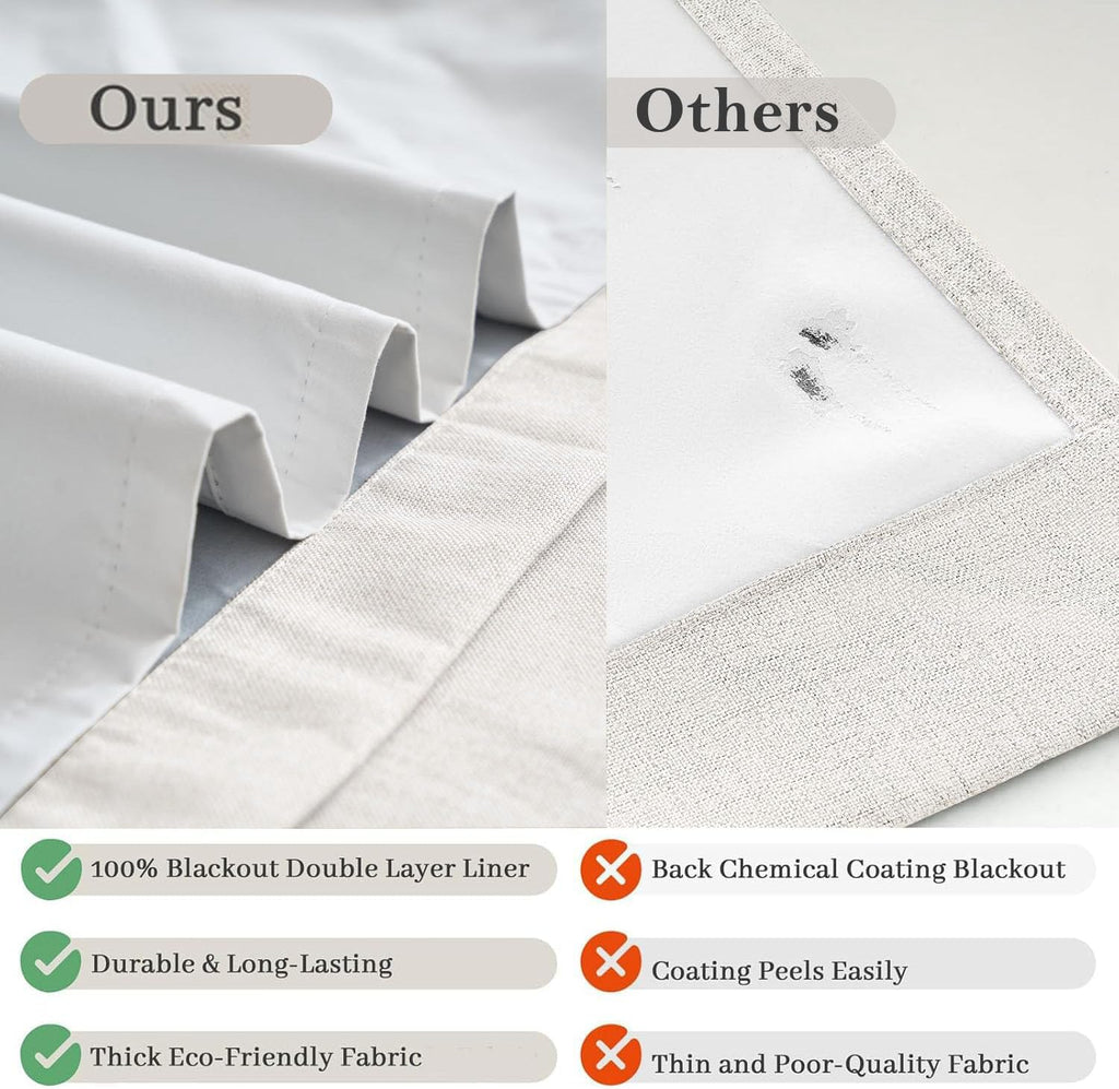 100% Blackout Curtains for Bedroom Decor White Linen Textured Curtains with Liner Insulated Thermal Curtains
