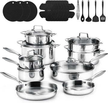 30 PCS Tri-Ply Stainless Steel Cookware Set, Pots and Pans Set, Non Toxic Induction Kitchen Cooking Sets, Cookware