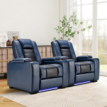 Power Home Theater Seating Set of 2, Blue Faux Leather Electric Recliner Chair with Powered Headrest, Dual Motors Movie Reclining Chairs with LED Lights,USB Port,Cup Holders, Hidden Arm Storage