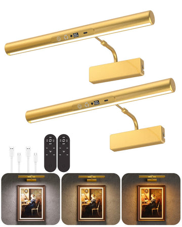 13" Rechargeable Picture Light for Wall with Remote, Gold 2-Pack