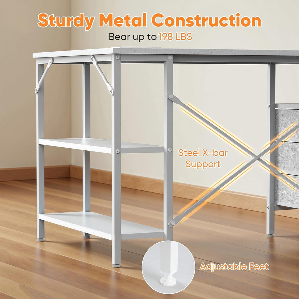 L Shaped Desk with Shelf Drawers 47 Inch, White Corner Computer Desks Gaming with Power Outlet