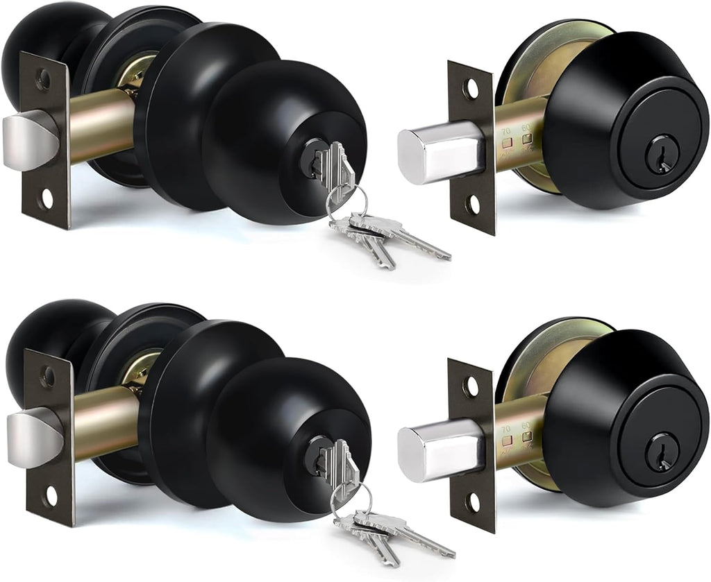 2 Pack Keyed Same Exterior Door Knobs and Single Cylinder Deadbolts Combo Set