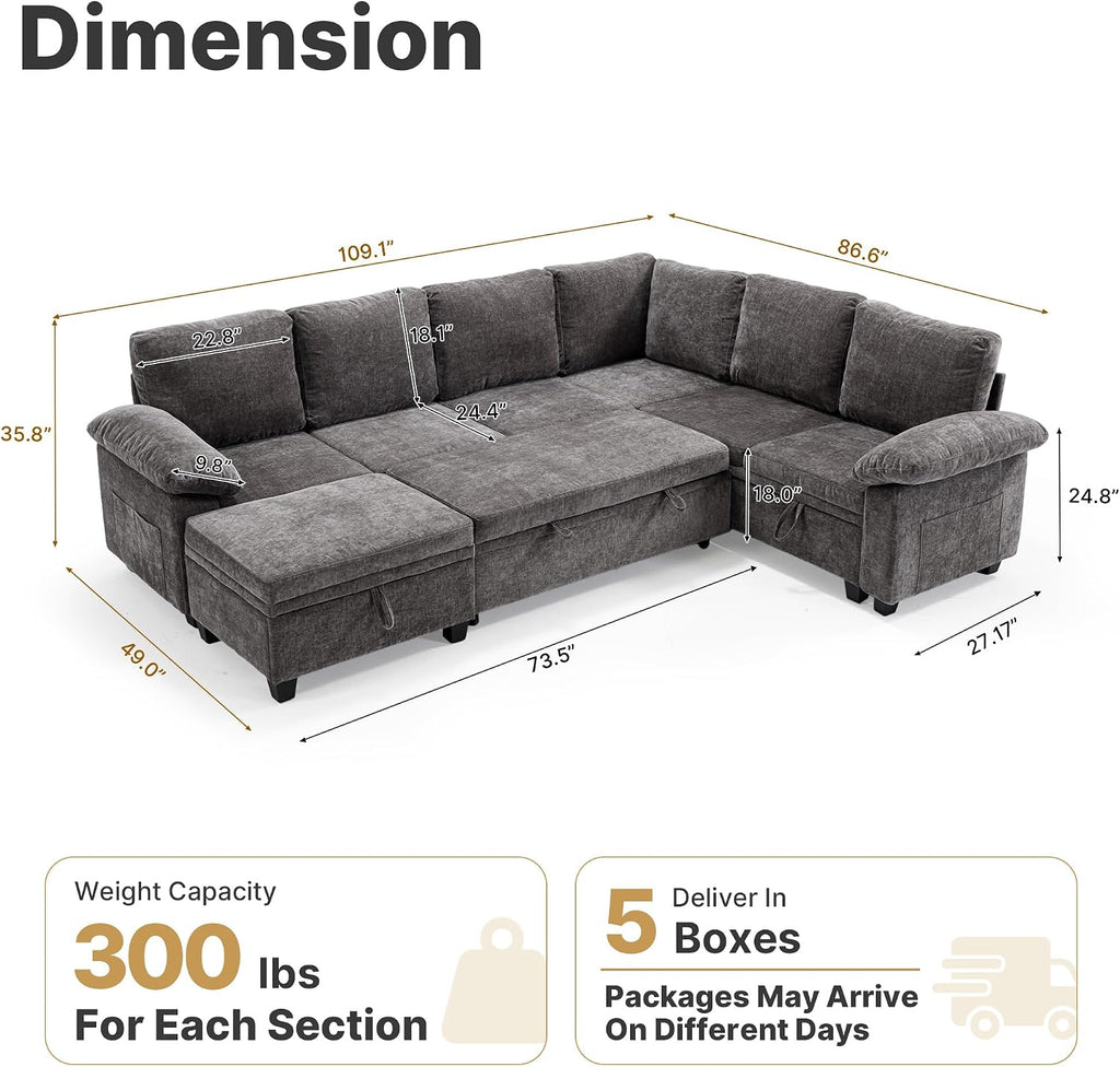 109" Modular Sectional Sleeper Couch,U Shaped 7 Seat Sofa Bed with Pull Out Bed, Cloud Couch with Pillow Armrest &