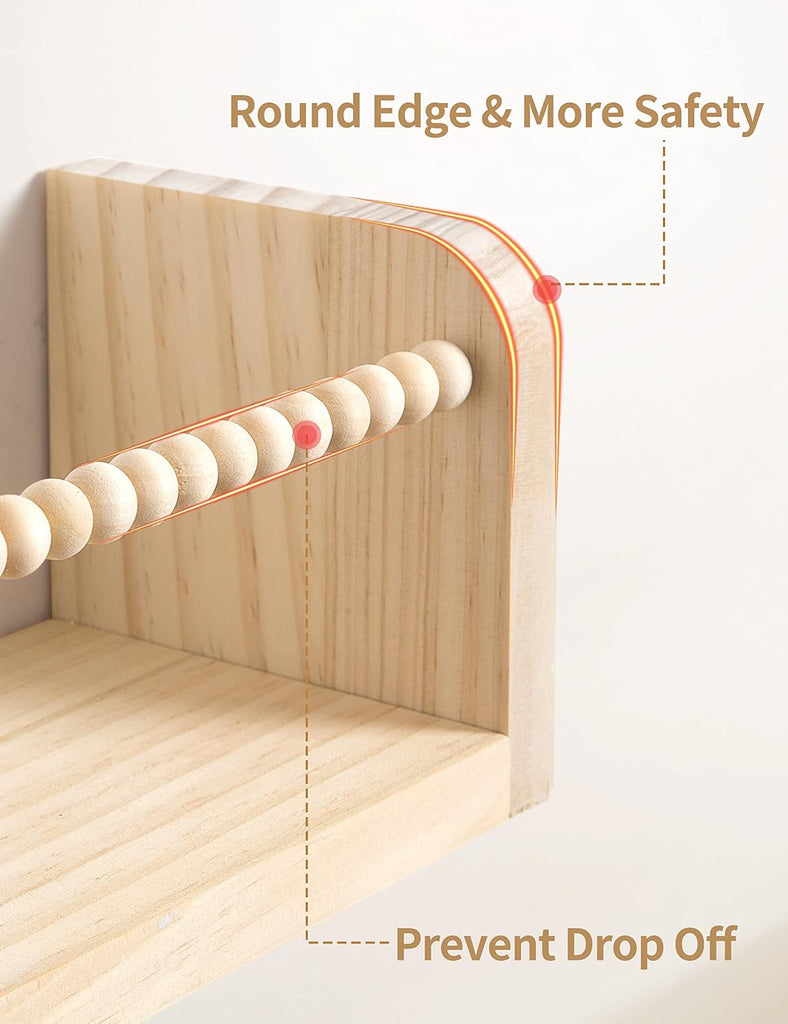 Nursery Shelves for Wall Set of 3, Natural Wood Floating Shelves | Kids Bookshelf with Towel Bar, Wall Mounted