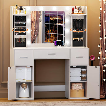 Makeup Vanity Desk with Lights, Mirror and Jewelry Storage, White | USB-C Charging, Rotating Jewelry Organizers, 3