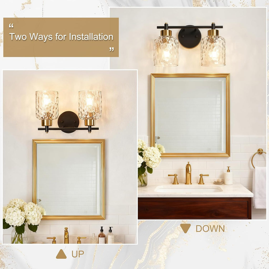 2 Light Black and Brass Vanity Light with Hammered Glass over Mirror Makeup | 13.7" Black and Gold Farmhouse Bathroom