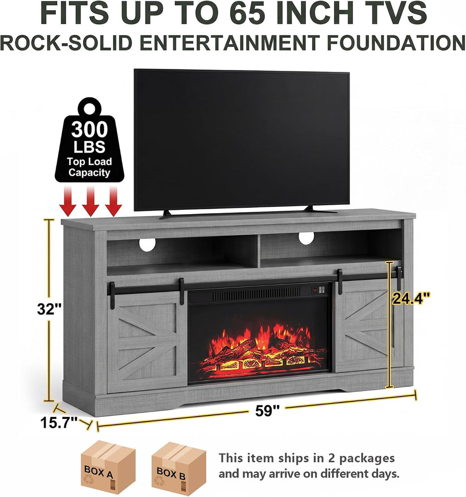 Fireplace TV Stand for Television up to 65+ Inch with Storage and Farmhouse Sliding Barn Doors, Entertainment Center