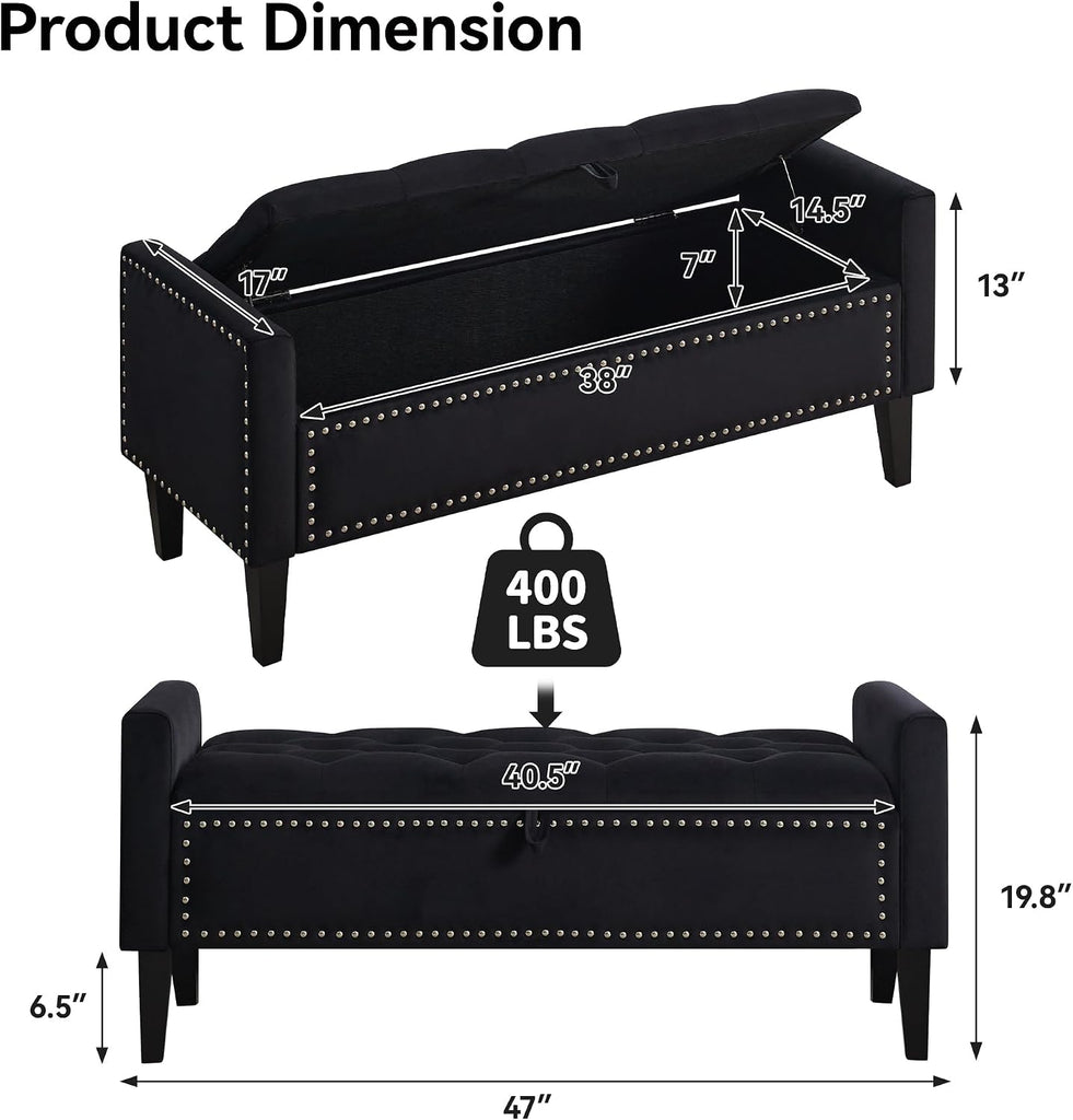 47" Velvet Storage Bench, Upholstered Bed Bench with Storage, End of Bed Ottoman with Wooden Legs,Bedside Storage