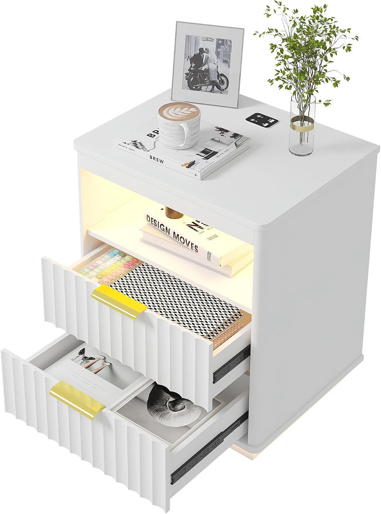 Nightstand Set 2 with LED Light & Charging Station, White | 2 Drawers, Open storage space, Smart Bedside Table, Human