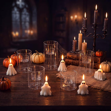 10 Pcs Halloween Glass Cylinder Hurricane Candle Holder with Halloween Ghost Candles, Clear Cylinder Pillar Candle