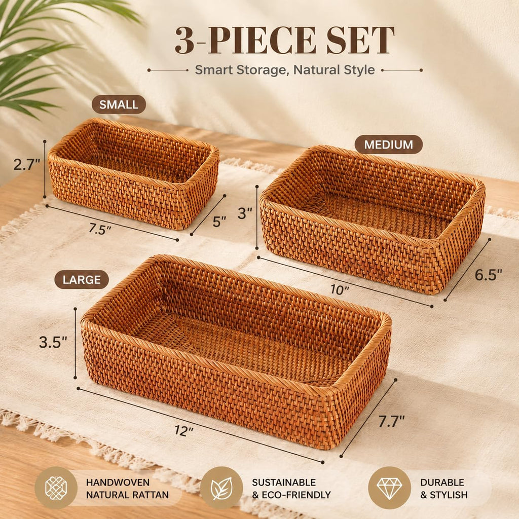 3 Pack Natural Rattan Storage Baskets, Rectangular Woven Fruit Baskets for Decor, Handmade Woven Nesting Bread