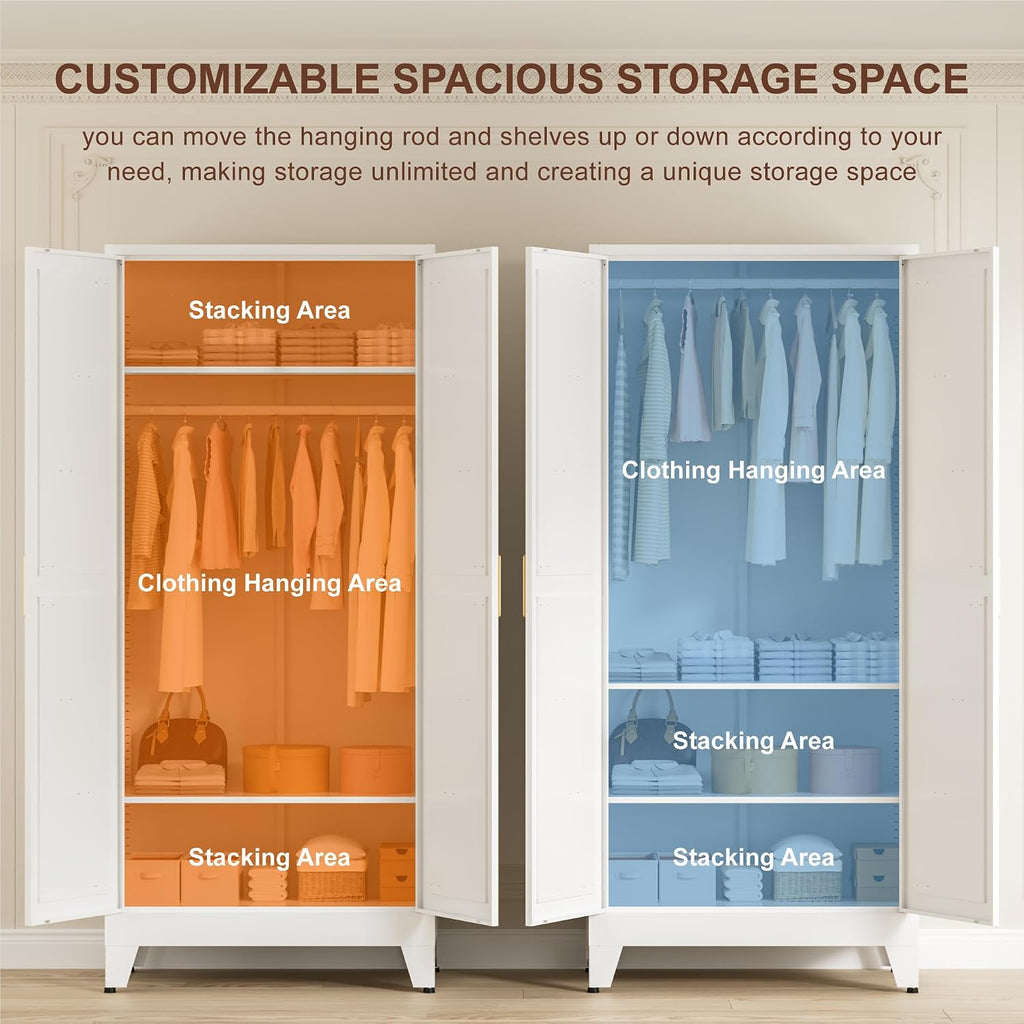 71" Tall Metal Wardrobe Closet with Adjustable Shelves and Hanging Rod, 2 Doors Free Standing Armoire Wardrobe