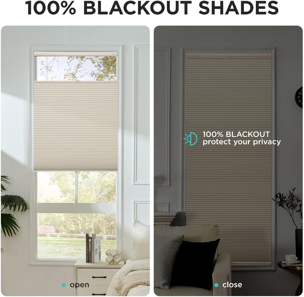 No Drill Blackout Cordless Cellular Shades, 31" W x 64" H, Beige