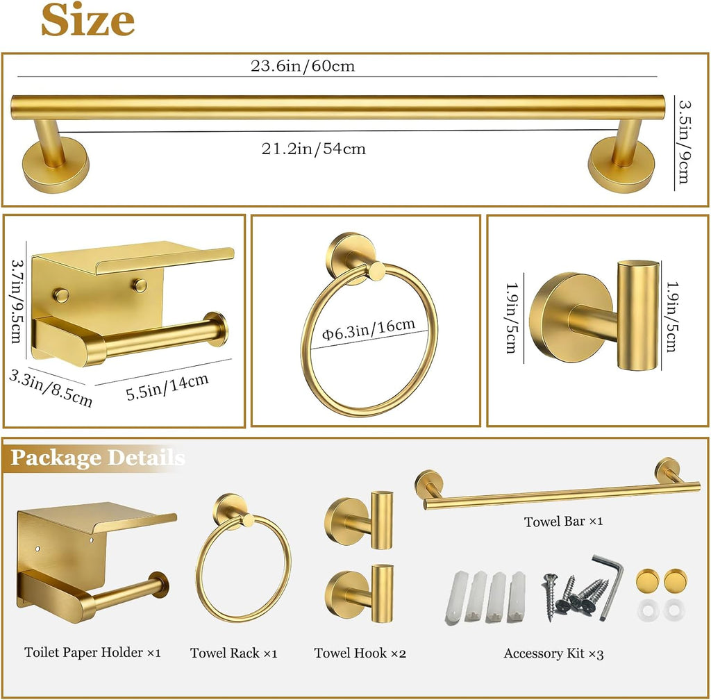 5-Pieces Wall Mount Bathroom Hardware Set,22in Brushed Gold Towel Bar Set | Stainless Steel Waterproof Bathroom