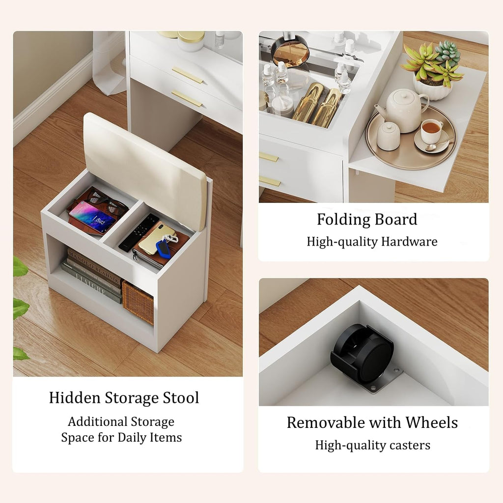 Small Vanity with Chair 3 in 1 Vanity Desk with Flip Top Mirror | White Small Makeup Table Set with Fold-up Panel &