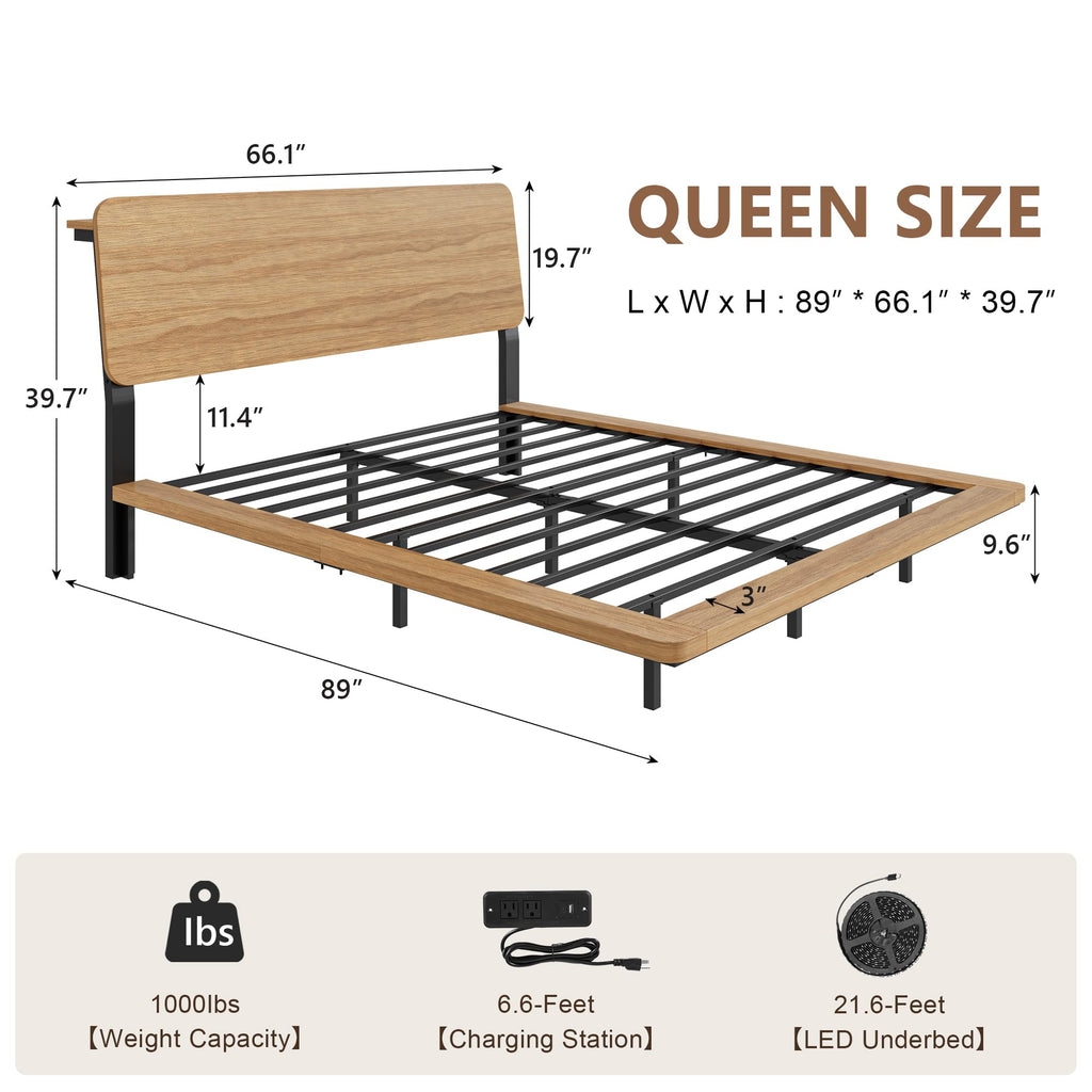 Queen Floating Wooden Bed Frame with LED Lights, Extra-Wide Side Rails & Charging Station, Queen Bed Frame with Storage