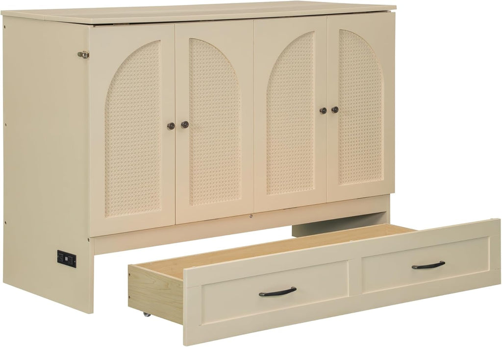 Full Murphy Bed, Wood Full Murphy Bed with Large Drawers, Gold