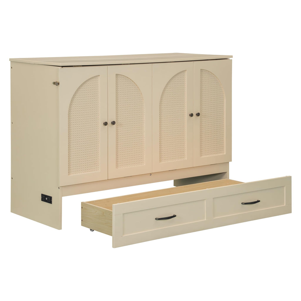 Full Murphy Bed with Large Drawers, Wood Cabinet Bed (Gold)